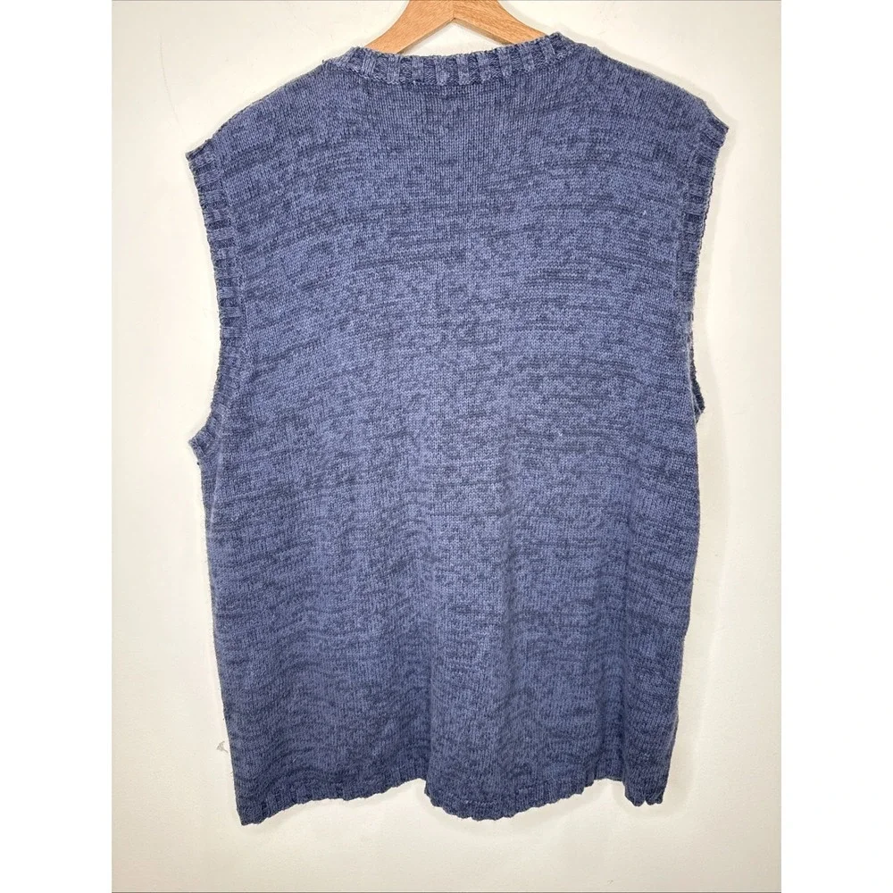 Vintage 90s Embroidered Knit Vest Womens 26W Blue Ramie Lama Art to Wear Cottage